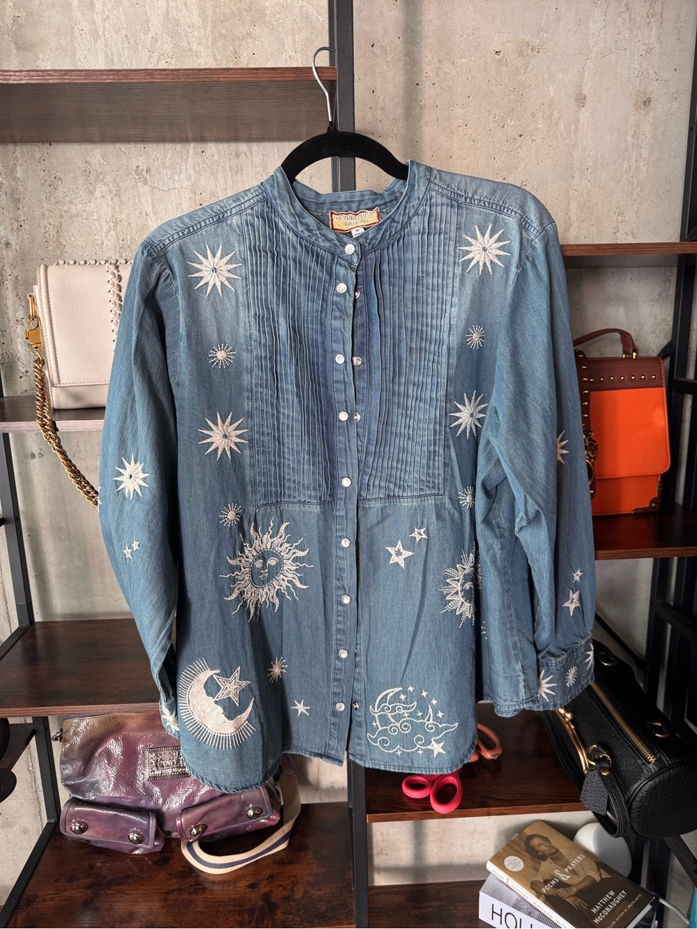 Johnny Was Blue Embroidered Celestial Button-Down Shirt NWOT - SIZE XL